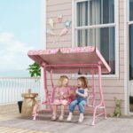 Kids Patio Swing, 2-Seater Outdoor Porch Swing with Safety Belt and Adjustable Canopy for Backyard Garden, Pink - Image 2