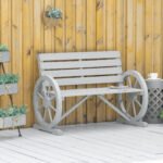 41" Wooden Wagon Wheel Bench, Rustic Outdoor Patio Bench Weather Resistance Furniture, 2-Person Slatted Seat with Backrest, Light Gray - Image 8