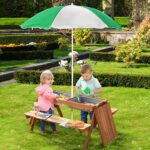 Kids 3 in 1 Sand and Water Table, Wooden Outdoor Convertible Picnic Table with Umbrella and Storage Inside, Bench Backyard Furniture for Garden, Patio, or Balcony - Image 2