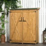 Outdoor Storage Cabinet Wooden Garden Shed Utility Tool Organizer with Waterproof Asphalt Rood, Lockable Doors, 3 Tier Shelves for Lawn, Backyard, Natural - Image 2