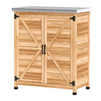 Wooden Storage Cabinet with Outdoor Prep Table w/ Metal Tabletop
