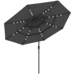 9.7 ft Outdoor Patio Umbrella with Solar LED Lights, 3 Tier Outdoor Table Umbrella with Tilt, Crank