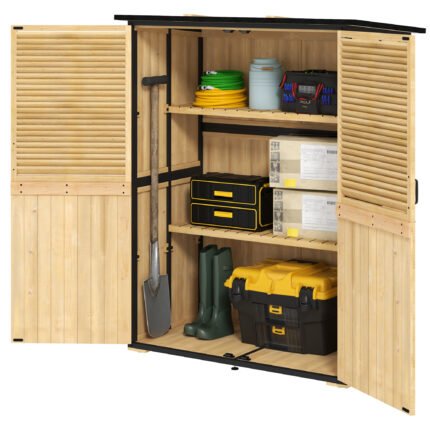 Wood Storage Shed with Lockable Doors, Storage Shelves, Natural Wood, Black