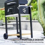 Charcoal BBQ Grill, Outdoor Portable Cooker for Camping or Backyard Picnic, Barbecue Grill with Side Table, Bottom Storage Shelf, Wheels and Handle, Black - Image 8