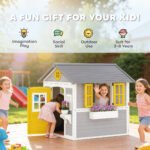 Wooden Playhouse for Kids Outdoor with Doors, Windows, Planter Pots and Boxes for Toddlers 3-8 Years, Gray - Image 7