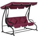 3-Seat Outdoor Patio Swing Chair, Converting Flatbed, Outdoor Swing Glider with Adjustable Canopy, Removable Cushion and Pillows, for Porch, Garden, Poolside, Backyard, Red