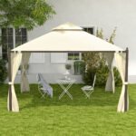 10' x 12' Outdoor Patio Gazebo with Curtains, Two-Tier Roof, Beige - Image 7