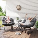 Outdoor Rocking Chair Patio Set of 2, Oversized Rocking Papasan Chairs with Cushions for Garden Porch, 265 lbs., Gray - Image 2