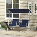 2-Seater Outdoor Porch Swing with Canopy and Table, Patio Swing Chair for Garden, Poolside, Backyard, Dark Blue - Image 2