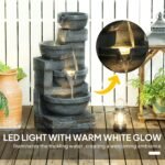 30" Tall Outdoor Waterfall Fountain with LED Lights, 4-Tier Resin Cascading Water Bowls with Pump, Gray - Image 4