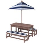 Outdoor Wooden Kids Picnic Table & Bench Set with Cushions and Umbrella, for Patio, Garden, Navy Blue