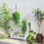 Metal Tall Plant Stand with Trellis and Hanging Bar, Plant Holder for Indoor Outdoor Use, 35" x 12.8" x 74", White - Image 2