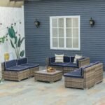7-Piece Outdoor Wicker Patio Sofa Set, Modern Rattan Conversation Furniture Set with Cushions, Pillows and Tea Table - Blue - Image 2