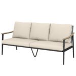 3 Seater Outdoor Patio Sofa, Outdoor Couch with Wood-Effect Armrests, Wicker Backrest, Cushions for Garden Yard, Khaki