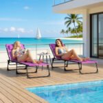 2 Folding Chaise Lounge Pool Chairs with 4-Position Reclining Back, Pillow, Breathable Mesh & Bungee Seat, Purple - Image 7