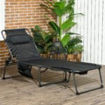 Folding Chaise Tanning Lounge Chair w/ 5-level Reclining Back, Reading Hole, Side Pocket, Headrest, Black - Image 2