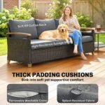 3 Seater Outdoor Couch Sofa, PE Wicker Patio Sofa, Wide Deep Seat, 4" Cushions, Wood-Effect Armrests Legs, Gray - Image 4