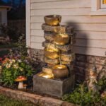 28" Outdoor Fountain with 5-Tier Rustic Jugs, Cascading Waterfall with LED Lights, Adjustable Flow, Rustic Brown - Image 2