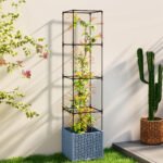 Raised Garden Bed with Trellis, Tomato Cage with Lockable Wheels, Self Watering Planter Box with Drainage Holes, Gray - Image 2
