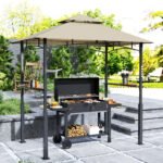 8' x 5' Outdoor Grill Gazebo, Barbecue Gazebo Shelter with LED Light, 2 Side Shelves, Hooks, Bottle Opener, Khaki - Image 2