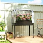 Raised Garden Bed with Flip-Up Greenhouse Cover, Metal Elevated Garden Bed with Legs and Drainage Hole, Black - Image 2