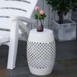 12" Steel Outdoor Side Table, Round Hollow Drum Patio End Table, Accent Table for Indoor and Outdoorr, White - Image 2