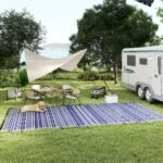 Reversible Outdoor Rug, Waterproof Plastic Straw with Carry Bag, 9' x 18', Blue & White Geometric Wall - Image 8