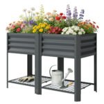 Raised Garden Bed Galvanized Steel, Elevated Planter Box with Storage Shelf, Bed Liner, 31.5" High, Dark Gray