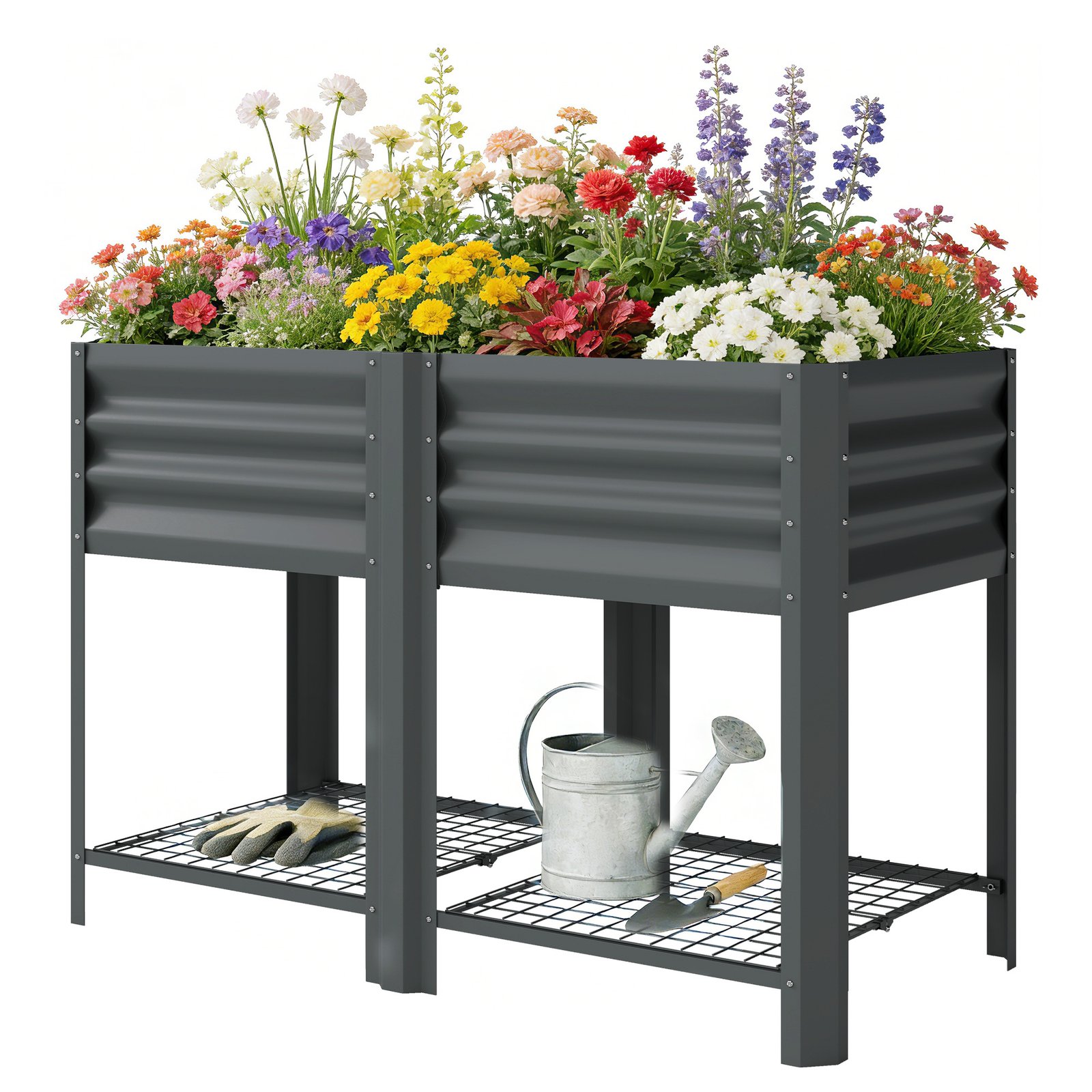 JzZcc119d9bbfa81c.jpg Raised Garden Bed Galvanized Steel, Elevated Planter Box with Storage Shelf, Bed Liner, 31.5" High, Dark Gray - Image 1