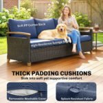 3 Seater Outdoor Couch Sofa, PE Wicker Patio Sofa, Wide Deep Seat, 4" Cushions, Wood-Effect Armrests Legs, Dark Blue - Image 4