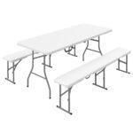 6FT 3 PCS Portable Camping Table and Chairs, Folding Picnic Table Bench Set with Carrying Handles for BBQ, Party, White