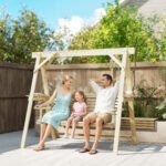 3 Seat Wooden Porch Swing with Stand, Patio Swing with Side Tables, for Garden, Poolside, Backyard, Natural Wood - Image 2