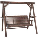 3 Seat Wooden Porch Swing with Stand, Patio Swing with Side Tables, for Garden, Poolside, Backyard, Carbonized Brown