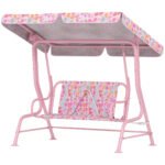Kids Patio Swing, 2-Seater Outdoor Porch Swing with Safety Belt and Adjustable Canopy for Backyard Garden, Pink