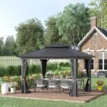 10' x 12' Hardtop Gazebo with Curtains and Netting, Permanent Pavilion Metal Double Roof Gazebo Canopy with Aluminum Frame and Hooks, for Garden, Patio, Backyard, Gray - Image 2