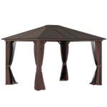 10' x 12' Hardtop Gazebo with Curtains and Netting, Permanent Pavilion Metal Single Roof Gazebo Canopy with Aluminum Frame and Hooks, for Garden, Patio, Backyard, Gray