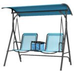 2 Person Porch Swing with Canopy, Storage Table, Cup Holder, Blue