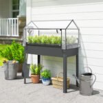 Elevated Garden Box with Greenhouse Cover, Raised Garden Bed with Legs and Drainage Hole for Vegetables, Dark Gray - Image 2