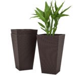 Set of 3 Tall Planters with Drainage Hole, 24" Outdoor Flower Plant Pots, Indoor Planters for Porch, Front Door, Entryway, Patio and Deck, Brown