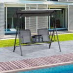 2-Seat Outdoor Porch Swing, with Pivot Storage Table, Cup Holder, & Adjustable Overhead Canopy, Stand's Skid-Resistant Feet Pad, Breathable Mesh Seat, Steel Frame, for Patio, Gray - Image 8