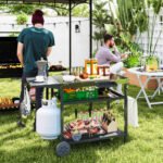 Outdoor Bar Cart Grill Table with Stainless Steel Tabletop, Wheeled Outdoor Serving Cart Prep Table with Storage, Hooks - Image 2