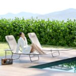 2 Piece Sun Loungers, Folding Chaise Lounge Chairs with Reclining Back, Breathable Mesh Seat, Headrest, Cream White - Image 2