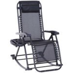 Outdoor Rocking Chairs, Foldable Reclining Zero Gravity Lounge Rocker with Pillow, Cup & Phone Holder, Combo Design with Folding Legs, Black