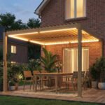 10' x 10' Louvered Pergola with Solar LED lights, Metal Roof, Outdoor Pergola Patio Gazebo with Drainage Gutters, Brown - Image 2