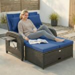 Patio Rattan Daybed, Wicker Outdoor Daybed with Storage Ottoman, Loveseat w/ Adjustable Backrest, Navy Blue - Image 2