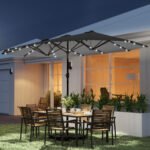 Garden Parasol 14.4ft Double-Sided Sun Umbrella with Base, Patio Parasol with LED Solar Lights - Image 2