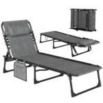Folding Chaise Lounge Chair Outdoor, Sun Tanning Chair with Side Pocket, Carrying Strap, Portable Patio Beach Lounger with 5-Position Reclining Back, Headrest for Pool, Camping, Yard, Gray