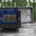 7 Piece Wicker Patio Furniture Set, Modular Outdoor Sectional with Thickened Cushions, Acacia Wood Table, Brown/Blue - Image 5