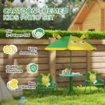 Kids Picnic Table and Chair Set, Outdoor Activity Table with Foldable Chairs, Height Adjustable Umbrella, Green - Image 7