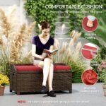 Outdoor Wicker Storage Bench with Storage & Cushion, Red - Image 7